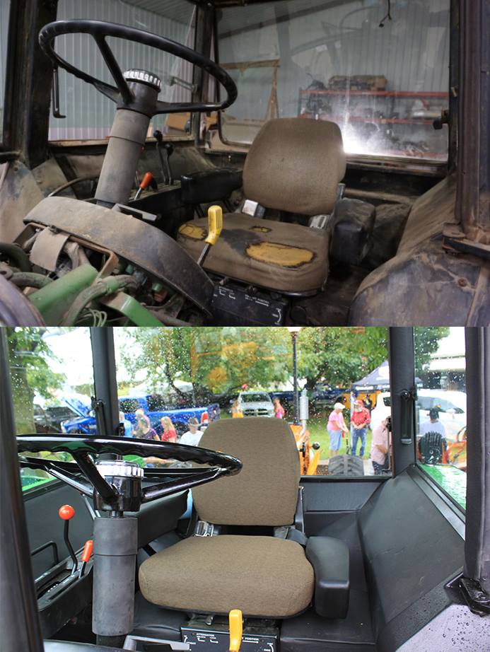 Tractor cab interior comparing a worn out seat to a new seat.