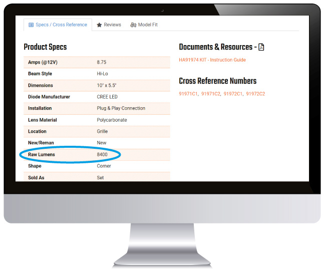 Raw lumens are found in our product specs